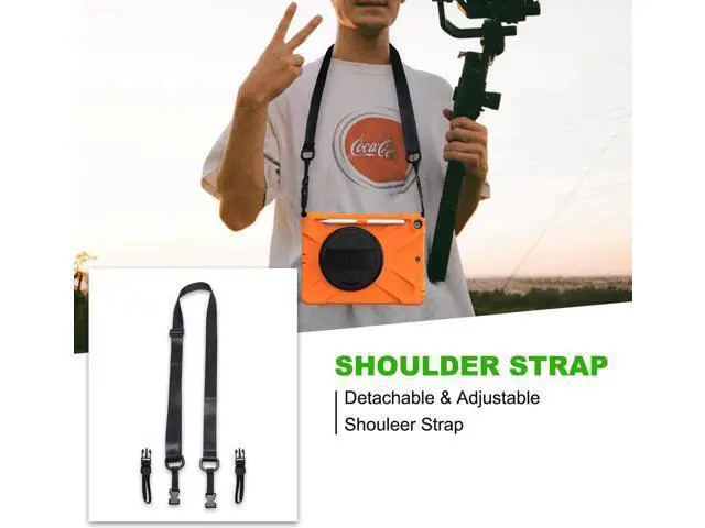 Alt view image 2 of 7 - New iPad 10.2 Case 2019 iPad 7th Generation Case Cover with Pencil Holder / Rotatable Stand / Hand Strap and Shoulder Belt Shockproof Case for iPad 10.2 inch 2019 Tablet A2197 A2198 A2200 Orange
