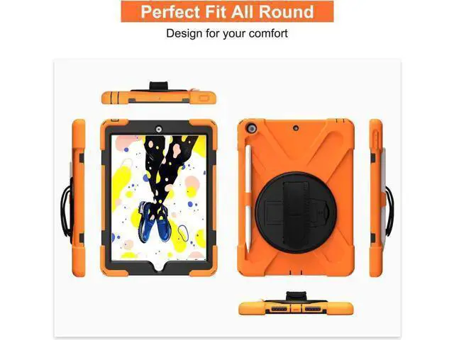 Alt view image 3 of 7 - New iPad 10.2 Case 2019 iPad 7th Generation Case Cover with Pencil Holder / Rotatable Stand / Hand Strap and Shoulder Belt Shockproof Case for iPad 10.2 inch 2019 Tablet A2197 A2198 A2200 Orange
