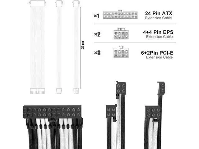 Alt view image 3 of 4 - PSU Cable Extension Kit 30CM Length with Combs,1x24Pin/2x8Pin(4+4) EPS/3x8Pin(6P+2P) PCI-E/PC Sleeved for ATX Power Supply,( Black & White)