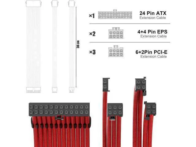 Alt view image 4 of 4 - PSU Cable Extension Kit 30CM Length with Combs,1x24Pin/2x8Pin(4+4) EPS/3x8Pin(6P+2P) PCI-E/PC Sleeved for ATX Power Supply, All- Red