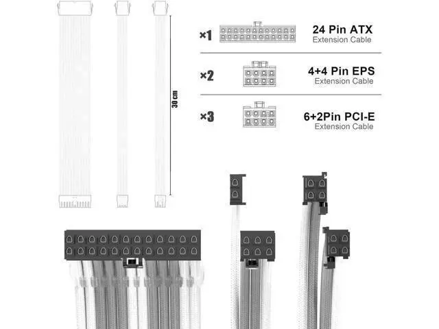 Alt view image 4 of 4 - PSU Cable Extension Kit 30CM Length with Combs,1x24Pin/2x8Pin(4+4) EPS/3x8Pin(6P+2P) PCI-E/PC Sleeved for ATX Power Supply,9 White & Grey)
