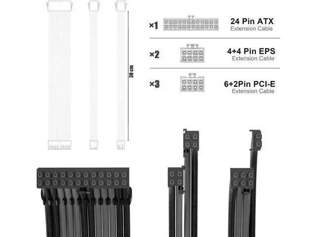 Alt view image 4 of 4 - PSU Cable Extension Kit 30CM Length with Combs,1x24Pin/2x8Pin(4+4) EPS/3x8Pin(6P+2P) PCI-E/PC Sleeved for ATX Power Supply, (Black & Grey)