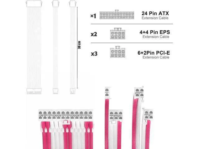 Alt view image 2 of 4 - PSU Cable Extension Kit 30CM Length with Combs,1x24Pin/2x8Pin(4+4) EPS/3x8Pin(6P+2P) PCI-E/PC Sleeved for ATX Power Supply,(White & Pink)