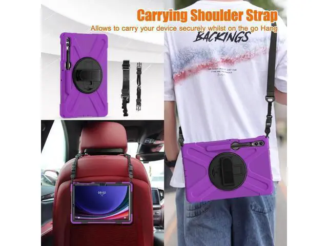 Alt view image 2 of 7 - Protective Case for Samsung Galaxy Tab S9 Plus 2023 / S8 Plus 2022 / S7 FE 2021 / S7 Plus 2020 12.4 inch Tablet Shockproof Cover with 360 Degree Rotating Kickstand, Hand/Shoulder Strap Purple