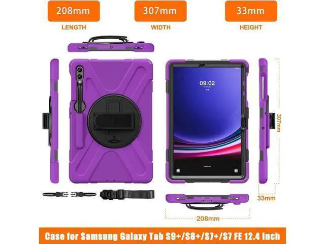 Alt view image 4 of 7 - Protective Case for Samsung Galaxy Tab S9 Plus 2023 / S8 Plus 2022 / S7 FE 2021 / S7 Plus 2020 12.4 inch Tablet Shockproof Cover with 360 Degree Rotating Kickstand, Hand/Shoulder Strap Purple