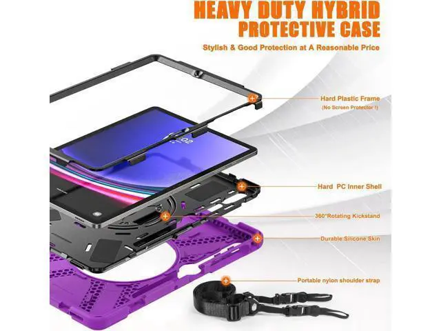 Alt view image 3 of 7 - Protective Case for Samsung Galaxy Tab S9 Plus 2023 / S8 Plus 2022 / S7 FE 2021 / S7 Plus 2020 12.4 inch Tablet Shockproof Cover with 360 Degree Rotating Kickstand, Hand/Shoulder Strap Purple