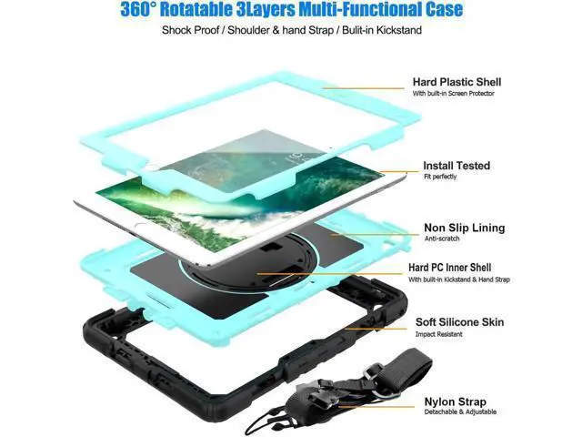 Alt view image 7 of 7 - iPad 6th 5th Generation Case New iPad 9.7 Inch 2018 2017 Case Full-body Shock Proof Hybrid Armor Protective Case Cover with 360 Rotating Stand & Strap for Apple iPad 5th / 6th iPad Air 2 iPad Pro 9.7