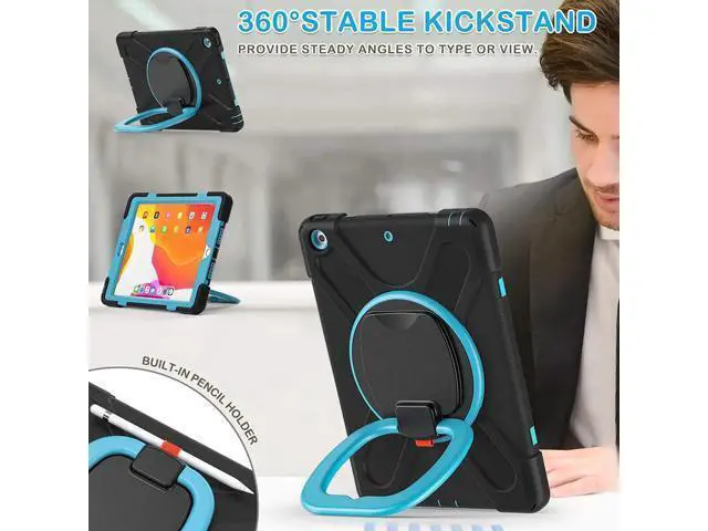 Alt view image 6 of 7 - iPad 8th 7th Generation Case, iPad 10.2 inch Case 2020 2019, Heavy Duty Rugged Kids Cover with Rotating Stand/Pencil Holder/Carrying Strap Blue