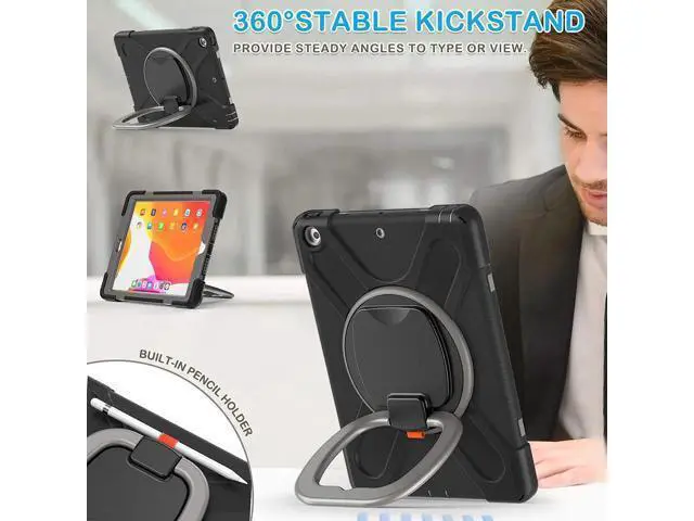 Alt view image 3 of 7 - iPad 8th 7th Generation Case, iPad 10.2 inch Case 2020 2019, Heavy Duty Rugged Kids Cover with Rotating Stand/Pencil Holder/Carrying Strap Grey