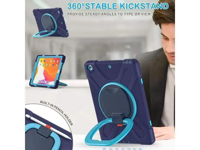 Alt view image 3 of 7 - iPad 8th 7th Generation Case, iPad 10.2 inch Case 2020 2019, Heavy Duty Rugged Kids Cover with Rotating Stand/Pencil Holder/Carrying Strap Navy Blue