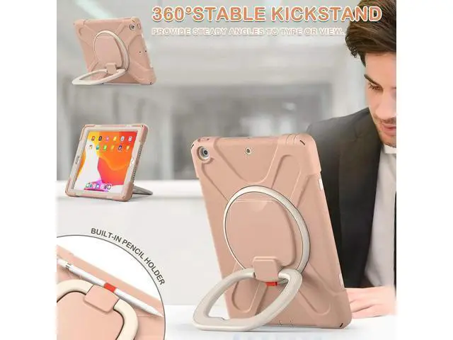 Alt view image 5 of 7 - iPad 8th 7th Generation Case, iPad 10.2 inch Case 2020 2019, Heavy Duty Rugged Kids Cover with Rotating Stand/Pencil Holder/Carrying Strap Rose Gold