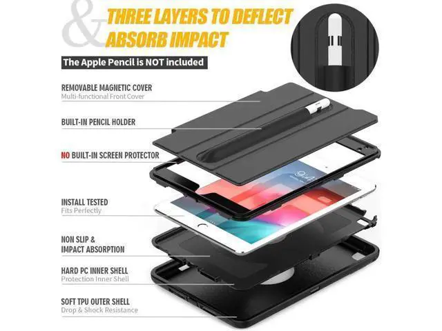 Alt view image 3 of 7 - iPad Mini 5 Case iPad Mini 4 Case Smart Case Protective Cover Auto Sleep Wake with Stylus Holder Three Layer Drop Protection Heavy Duty Stand Case for iPad Mini 5th / 4th Gen Black