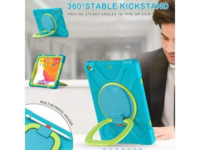 Alt view image 4 of 7 - iPad 8th 7th Generation Case, iPad 10.2 inch Case 2020 2019, Heavy Duty Rugged Kids Cover with Rotating Stand/Pencil Holder/Carrying Strap Light Blue