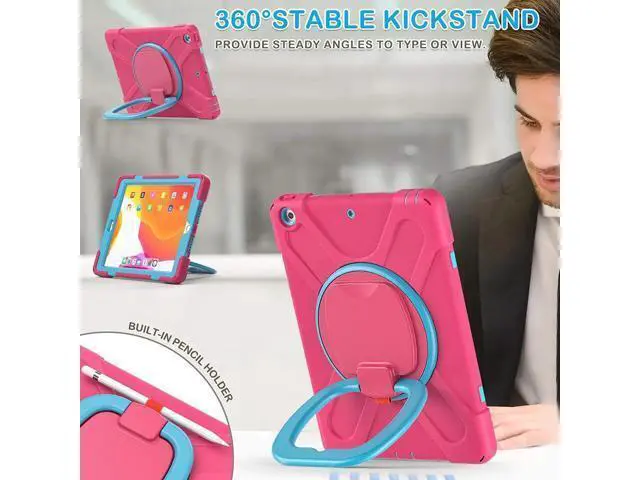 Alt view image 2 of 7 - iPad 8th 7th Generation Case, iPad 10.2 inch Case 2020 2019, Heavy Duty Rugged Kids Cover with Rotating Stand/Pencil Holder/Carrying Strap Rose Red