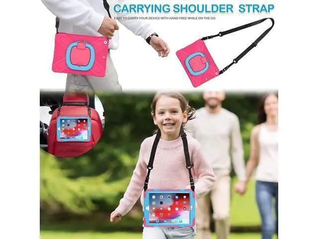 Alt view image 4 of 7 - iPad 8th 7th Generation Case, iPad 10.2 inch Case 2020 2019, Heavy Duty Rugged Kids Cover with Rotating Stand/Pencil Holder/Carrying Strap Rose Red