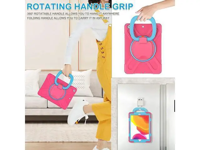 Alt view image 5 of 7 - iPad 8th 7th Generation Case, iPad 10.2 inch Case 2020 2019, Heavy Duty Rugged Kids Cover with Rotating Stand/Pencil Holder/Carrying Strap Rose Red