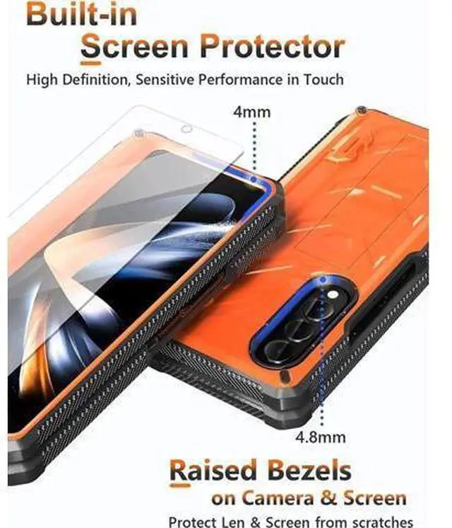 Alt view image 2 of 7 - For Samsung Galaxy Z Fold 4 Case with S Pen Holder Built-in Kickstand & Screen Protector, 360° Full-Body & Hinge Protection Rugged Heavy Duty Phone Cover for Galaxy Z Fold 4 2022 5G Orange