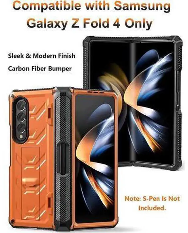 Alt view image 4 of 7 - For Samsung Galaxy Z Fold 4 Case with S Pen Holder Built-in Kickstand & Screen Protector, 360° Full-Body & Hinge Protection Rugged Heavy Duty Phone Cover for Galaxy Z Fold 4 2022 5G Orange
