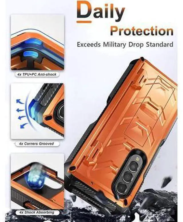 Alt view image 3 of 7 - For Samsung Galaxy Z Fold 4 Case with S Pen Holder Built-in Kickstand & Screen Protector, 360° Full-Body & Hinge Protection Rugged Heavy Duty Phone Cover for Galaxy Z Fold 4 2022 5G Orange