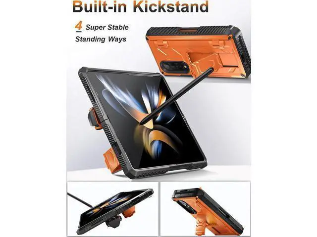 Alt view image 6 of 7 - For Samsung Galaxy Z Fold 4 Case with S Pen Holder Built-in Kickstand & Screen Protector, 360° Full-Body & Hinge Protection Rugged Heavy Duty Phone Cover for Galaxy Z Fold 4 2022 5G Orange