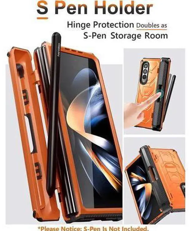 Alt view image 5 of 7 - For Samsung Galaxy Z Fold 4 Case with S Pen Holder Built-in Kickstand & Screen Protector, 360° Full-Body & Hinge Protection Rugged Heavy Duty Phone Cover for Galaxy Z Fold 4 2022 5G Orange