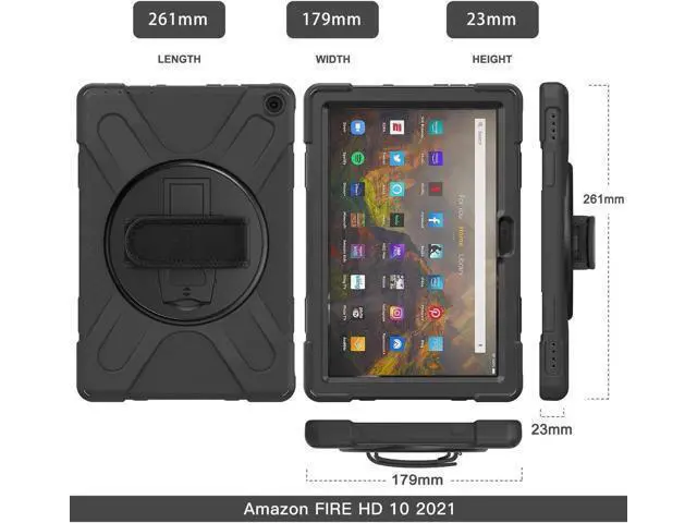 Alt view image 3 of 7 - Amazon Kindle Fire HD 10 / Fire HD 10 Plus 11th Generation 2021 Case, Shockproof Rugged Drop Protection Cover with Pencil Holder and Rotating Kickstand Hand Strap / Shoulder Strap