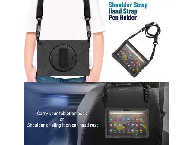 Alt view image 5 of 7 - Amazon Kindle Fire HD 10 / Fire HD 10 Plus 11th Generation 2021 Case, Shockproof Rugged Drop Protection Cover with Pencil Holder and Rotating Kickstand Hand Strap / Shoulder Strap