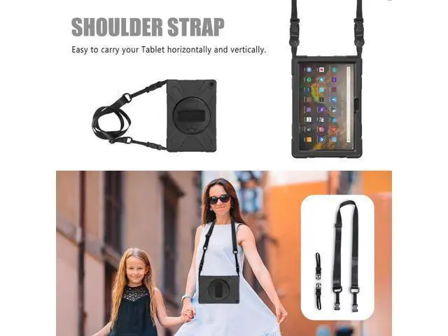 Alt view image 7 of 7 - Amazon Kindle Fire HD 10 / Fire HD 10 Plus 11th Generation 2021 Case, Shockproof Rugged Drop Protection Cover with Pencil Holder and Rotating Kickstand Hand Strap / Shoulder Strap