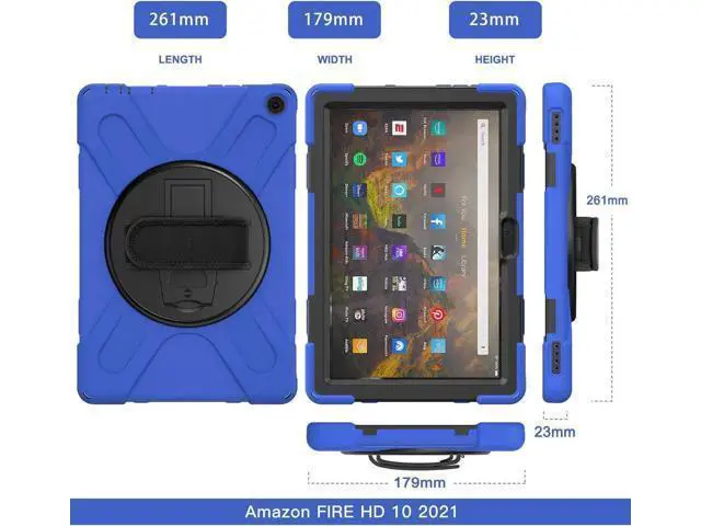 Alt view image 3 of 7 - Amazon Kindle Fire HD 10 / Fire HD 10 Plus 11th Generation 2021 Case, Shockproof Rugged Drop Protection Cover with Pencil Holder and Rotating Kickstand Hand Strap / Shoulder Strap Blue