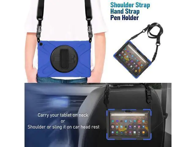 Alt view image 5 of 7 - Amazon Kindle Fire HD 10 / Fire HD 10 Plus 11th Generation 2021 Case, Shockproof Rugged Drop Protection Cover with Pencil Holder and Rotating Kickstand Hand Strap / Shoulder Strap Blue