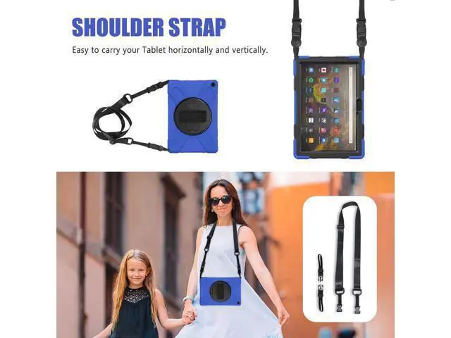 Alt view image 6 of 7 - Amazon Kindle Fire HD 10 / Fire HD 10 Plus 11th Generation 2021 Case, Shockproof Rugged Drop Protection Cover with Pencil Holder and Rotating Kickstand Hand Strap / Shoulder Strap Blue