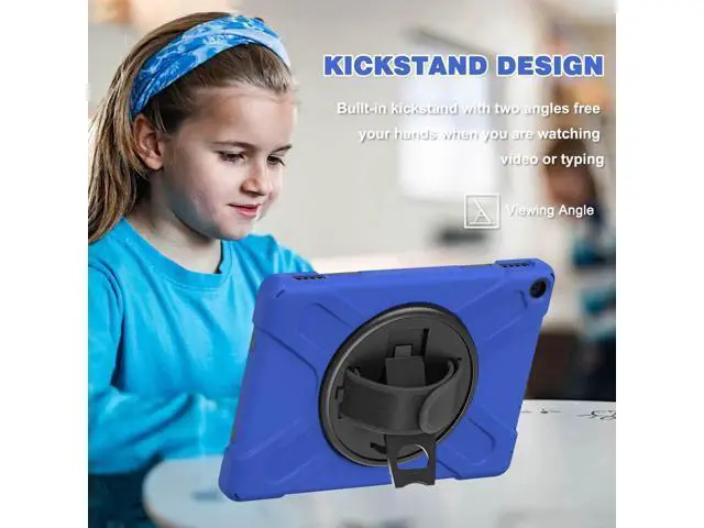 Alt view image 7 of 7 - Amazon Kindle Fire HD 10 / Fire HD 10 Plus 11th Generation 2021 Case, Shockproof Rugged Drop Protection Cover with Pencil Holder and Rotating Kickstand Hand Strap / Shoulder Strap Blue