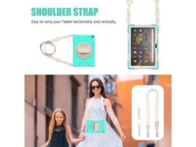 Alt view image 5 of 7 - Amazon Kindle Fire HD 10 / Fire HD 10 Plus 11th Generation 2021 Case, Shockproof Rugged Drop Protection Cover with Pencil Holder and Rotating Kickstand Hand Strap / Shoulder Strap Green