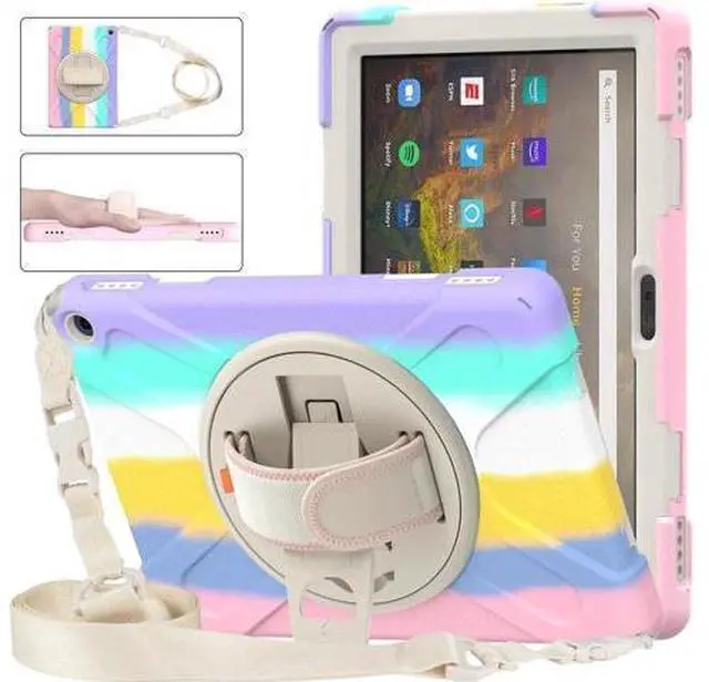 Main image of Amazon Kindle Fire HD 10 / Fire HD 10 Plus 11th Generation 2021 Case, Shockproof Rugged Drop Protection Cover with Pencil Holder and Rotating Kickstand Hand Strap / Shoulder Strap Pink