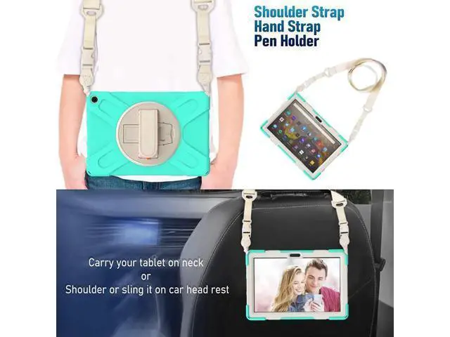 Alt view image 6 of 7 - Amazon Kindle Fire HD 10 / Fire HD 10 Plus 11th Generation 2021 Case, Shockproof Rugged Drop Protection Cover with Pencil Holder and Rotating Kickstand Hand Strap / Shoulder Strap Green