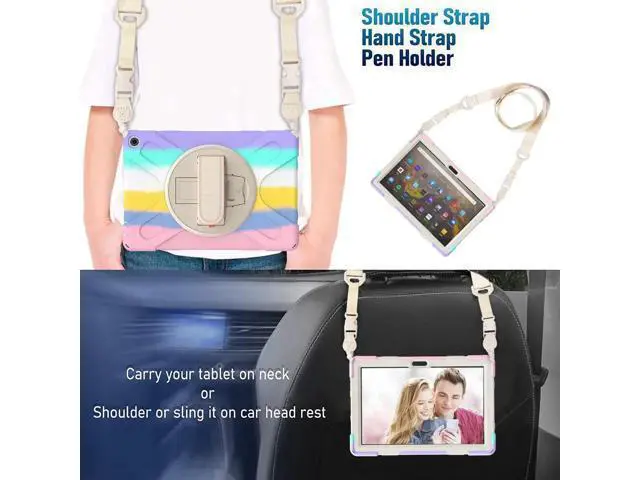 Alt view image 2 of 7 - Amazon Kindle Fire HD 10 / Fire HD 10 Plus 11th Generation 2021 Case, Shockproof Rugged Drop Protection Cover with Pencil Holder and Rotating Kickstand Hand Strap / Shoulder Strap Pink