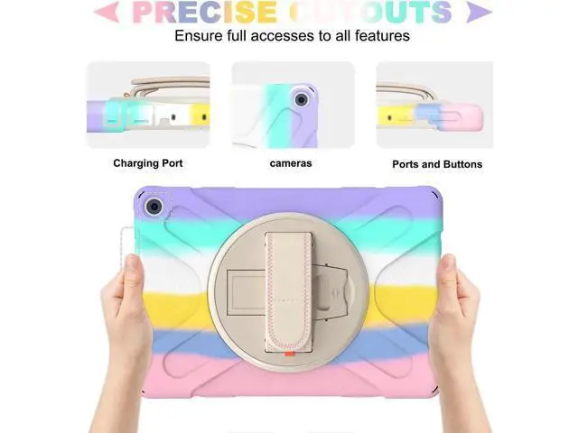 Alt view image 6 of 7 - Amazon Kindle Fire HD 10 / Fire HD 10 Plus 11th Generation 2021 Case, Shockproof Rugged Drop Protection Cover with Pencil Holder and Rotating Kickstand Hand Strap / Shoulder Strap Pink