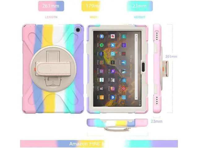 Alt view image 7 of 7 - Amazon Kindle Fire HD 10 / Fire HD 10 Plus 11th Generation 2021 Case, Shockproof Rugged Drop Protection Cover with Pencil Holder and Rotating Kickstand Hand Strap / Shoulder Strap Pink