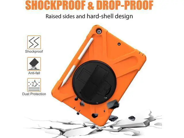 Alt view image 4 of 7 - New iPad 10.2 Case 2019 iPad 7th Generation Case Cover with Pencil Holder / Rotatable Stand / Hand Strap and Shoulder Belt Shockproof Case for iPad 10.2 inch 2019 Tablet A2197 A2198 A2200 Orange