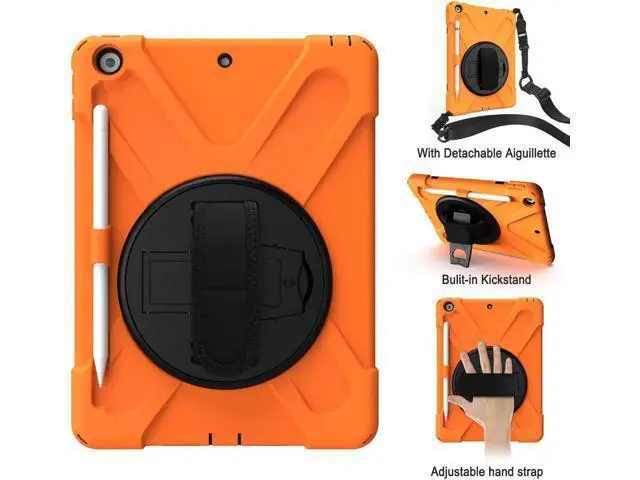Alt view image 5 of 7 - New iPad 10.2 Case 2019 iPad 7th Generation Case Cover with Pencil Holder / Rotatable Stand / Hand Strap and Shoulder Belt Shockproof Case for iPad 10.2 inch 2019 Tablet A2197 A2198 A2200 Orange