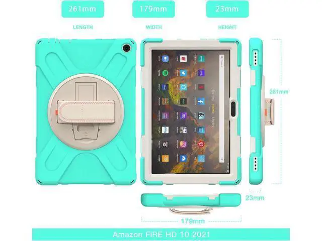 Alt view image 7 of 7 - Amazon Kindle Fire HD 10 / Fire HD 10 Plus 11th Generation 2021 Case, Shockproof Rugged Drop Protection Cover with Pencil Holder and Rotating Kickstand Hand Strap / Shoulder Strap Green