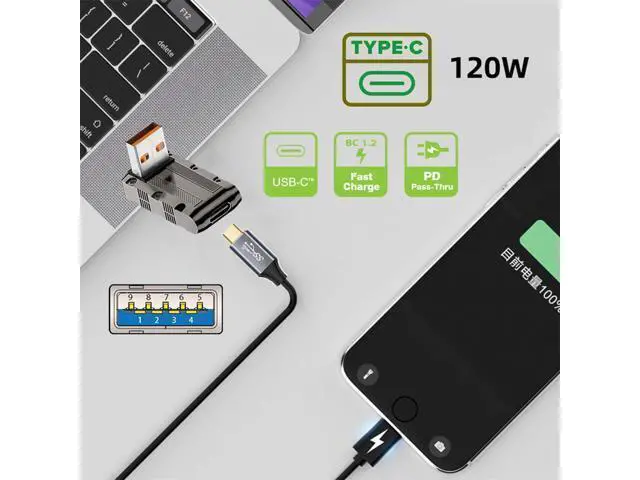Alt view image 7 of 7 - USB-C USB 3.1 Type C Female to USB 3.0 Type-A Male 90 Degree Down Angled Low Profile Type 10Gbps Data 120W Power Adapter Mecha Cyberpunk Style