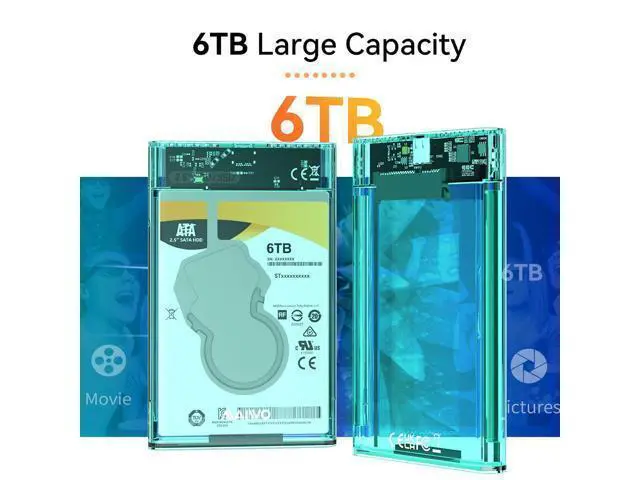 Alt view image 4 of 7 - External Hard Drive Enclosure for 7mm 9.5mm 2.5 inch SATA SSD/HDD, 5Gbps USB C to SATA Adapter Storage Case, 6TB Capacity (Green)