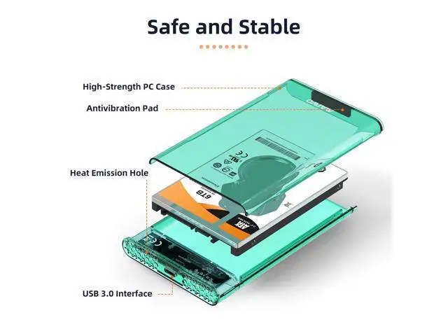 Alt view image 5 of 7 - External Hard Drive Enclosure for 7mm 9.5mm 2.5 inch SATA SSD/HDD, 5Gbps USB C to SATA Adapter Storage Case, 6TB Capacity (Green)