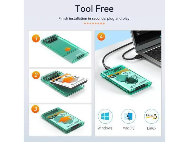 Alt view image 6 of 7 - External Hard Drive Enclosure for 7mm 9.5mm 2.5 inch SATA SSD/HDD, 5Gbps USB C to SATA Adapter Storage Case, 6TB Capacity (Green)