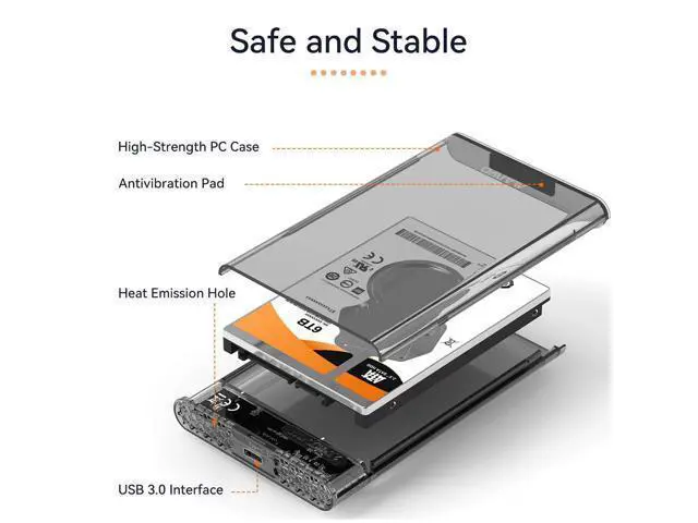 Alt view image 5 of 7 - External Hard Drive Enclosure for 7mm 9.5mm 2.5 inch SATA SSD/HDD, 5Gbps USB C to SATA Adapter Storage Case, 6TB Capacity (Black)