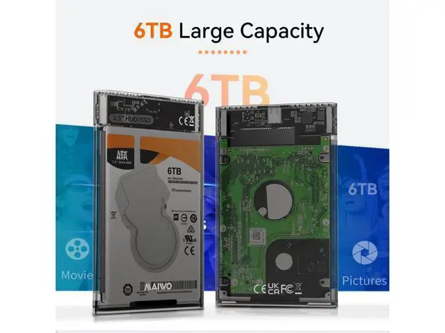 Alt view image 4 of 7 - External Hard Drive Enclosure for 7mm 9.5mm 2.5 inch SATA SSD/HDD, 5Gbps USB C to SATA Adapter Storage Case, 6TB Capacity (Black)