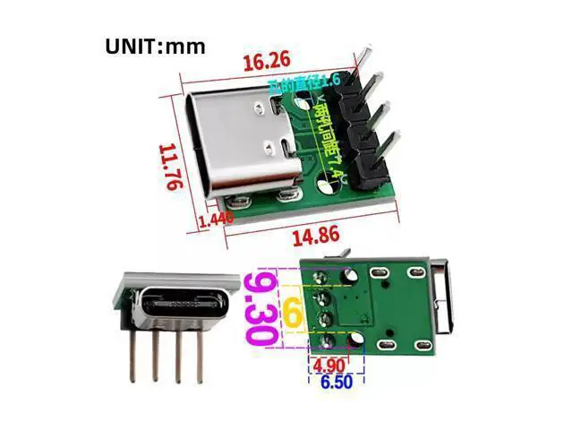 Alt view image 5 of 7 - 5 Pack USB C DIY Connector, Pitch 2.54mm Vertical 4Pin to USB 2.0 Type C Female Socket Port Repair Replacement Solder Adapter