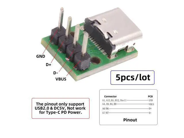 Alt view image 4 of 7 - 5 Pack USB C DIY Connector, Pitch 2.54mm Vertical 4Pin to USB 2.0 Type C Female Socket Port Repair Replacement Solder Adapter