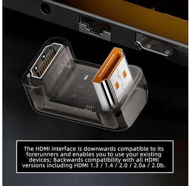Alt view image 6 of 7 - Up Angled 360 Degree Opposite U Shape Back HDMI Male to HDMI 2.1 Female UHD Extension Adapter Extender Transparent with Smart LED 8K 60hz HDTV
